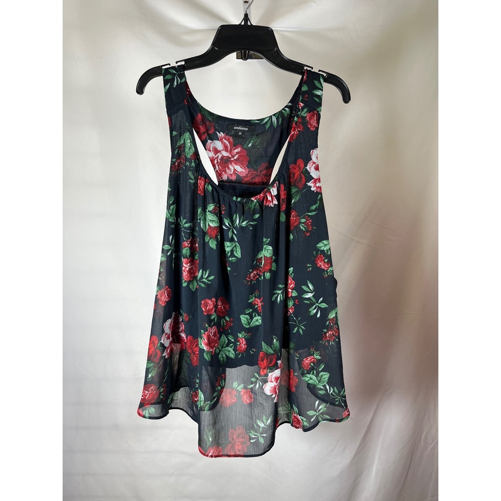 Ambiance Floral Racerback Tank Top Black Red RosePrintChiffon High Low Blouse 2X
